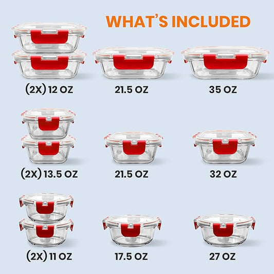 NutriChef 24pcs Glass Food Storage Containers, (12 Stackable Heavy Duty Meal Prep Containers w/ 12 Airtight Lids), Microwave, Freezer, & Dishwasher Safe for Food, Snacks, Fruit & More, (Red)