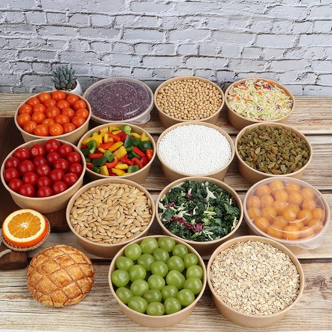 17 oz Disposable Kraft Paper Bowls with Lids, Food Containers for Soup, Party Supplies, Treat Bowls - 50 Pack