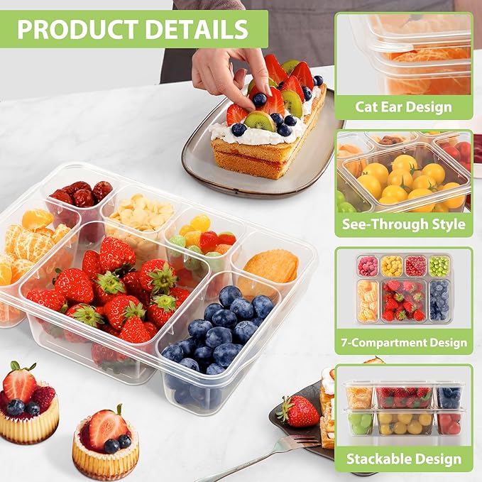 Freshmage Snackle Box Container - 2 Pack, 7 Compartment Divided Serving Tray with Lid, Portable Clear Snack Box Containers for Candy, Fruits, Nuts, and Snacks – Perfect for Travel, Parties, Picnics