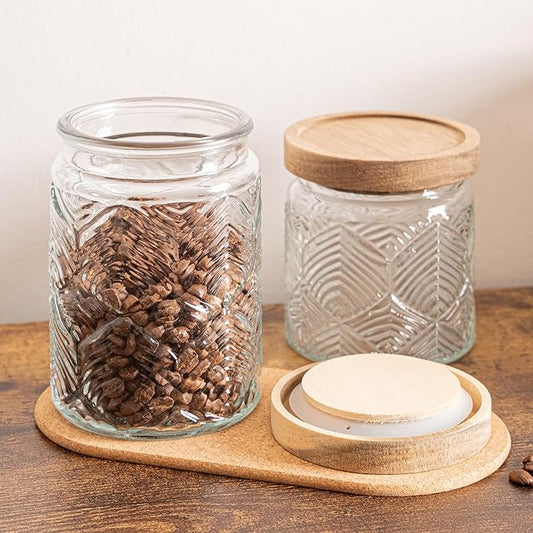 Glass Storage Jars 6 Pack 700ml(24oz) Multipurpose Vintage Storage Bottle with Wooden Lid Seal for Coffee, Nuts, Candies, Cereal, Cookies, Spices, Flour, and More. (6 Pack-700ml-Style B)