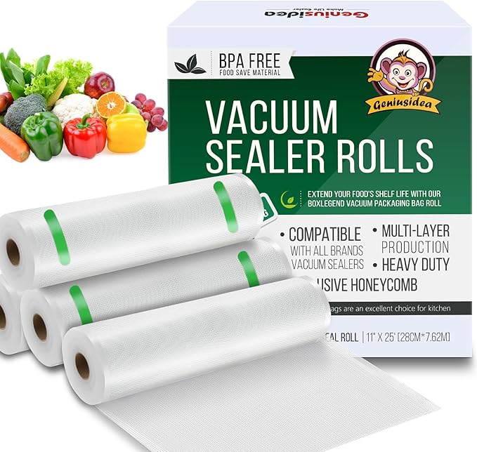 Food Saver Vacuum Sealer Bags, 4 Pack 11" x 25'ft Rolls, Commercial Grade, Meal Prep, Microwave & Freezer Safe, Sous Vide
