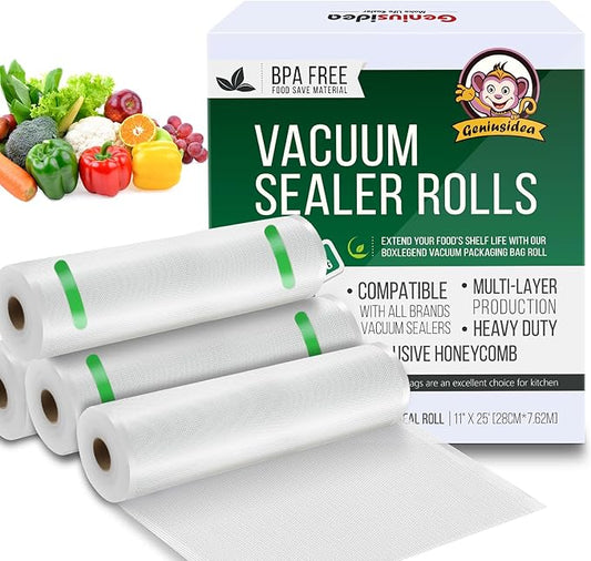 Food Saver Vacuum Sealer Bags, 4 Pack 11" x 25'ft Rolls, Commercial Grade, Meal Prep, Microwave & Freezer Safe, Sous Vide