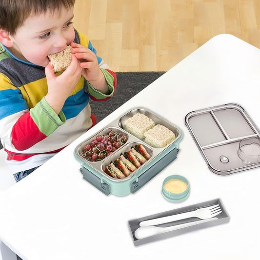 Stainless Steel Bento Lunch Food Box Container, Metal Bento Lunch Box Container for Kids or Adults with Lockable Clips to Leak Proof (Green)
