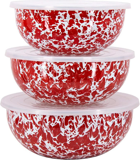 Golden Rabbit Enamelware - Set of 3 - Mixing Bowls (Red Swirl)