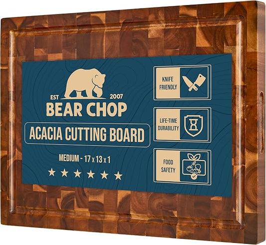 Bearchop Acacia Wood Cutting Boards for Kitchen, [17"x13"x1"] Medium End Grain Cutting Boards, Solid Wood Butcher Block Cutting Board with Juice Grooves and Handle, Knife Friendly, Reversible