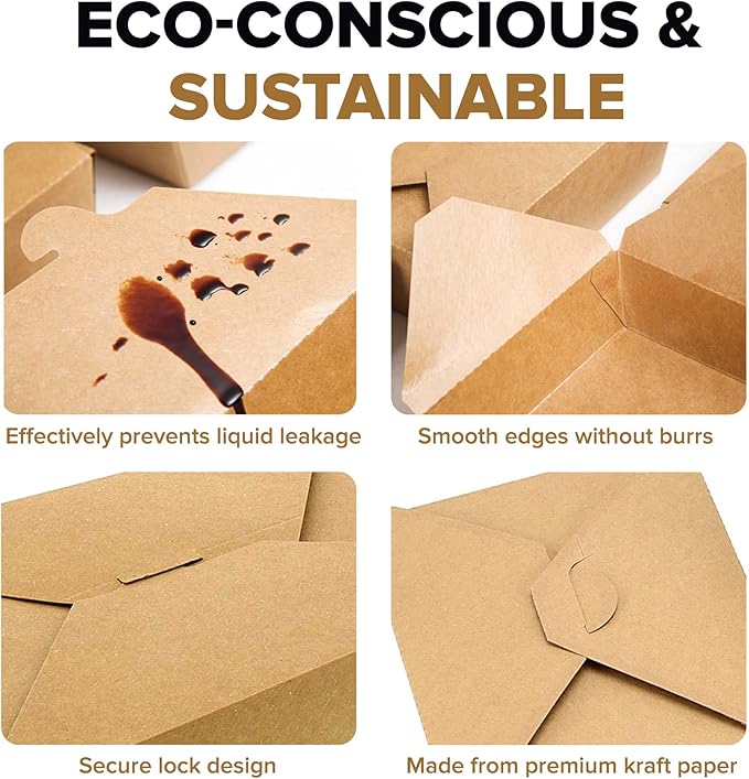 45oz Disposable Kraft Take-Out Containers - Microwaveable, Leak-Proof, Oil-Resistant, Eco-Friendly Food Boxes for Restaurants, Catering, & Meal Prep (50 Pack)