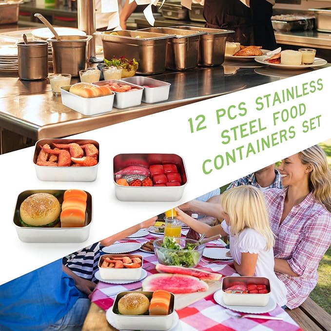 12 Pcs Stainless Steel Food Storage Containers with Lids, 37 Oz Metal Lunch Bento Box Reusable Stackable Meal Prep Container for Kitchen Picnic Travel, Freezer& Dishwasher Safe