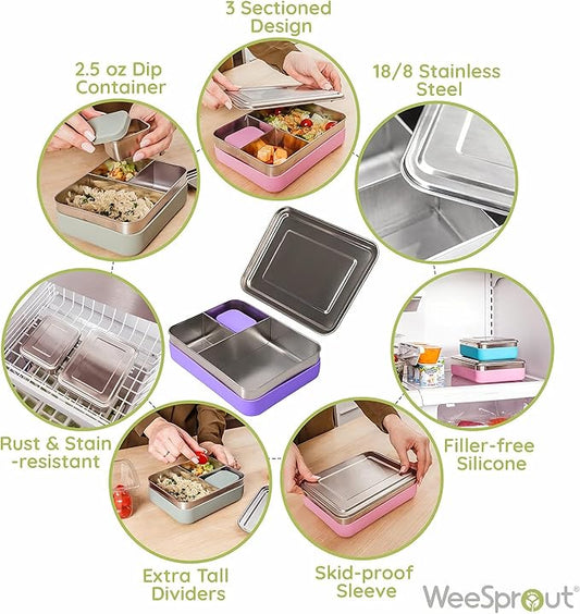 WeeSprout 18/8 Stainless Steel Bento Box (Large) - 3 Compartment Metal Lunch Box, for Kids & Adults, Bonus Dip Container, Fits in Lunch & Work Bags, Dishwasher & Freezer Friendly