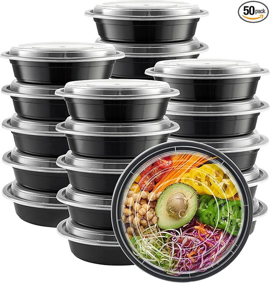 Comfy Package [24 oz - 50 Count Round Meal Prep Containers Reusable - Microwaveable, Dishwasher and Freezer Safe, BPA-Free, Portion Control and Convenience Food Storage with Lids, Stackable