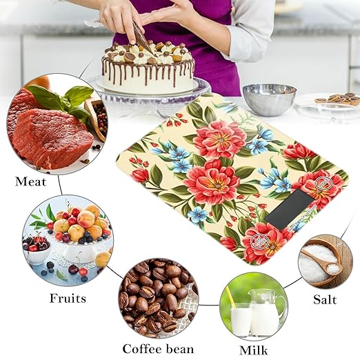 Food Scale Kitchen Digital Scale Food Ounces and Grams Dieting Baking Cooking Waterproof Glass Panels LCD Display,4 Units Scale Tare Function Flower Red