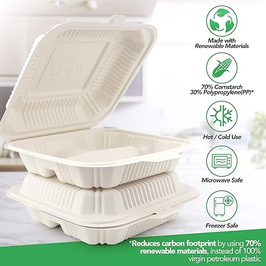 Eco Friendly 3 Compartment 100 Count 8"x8" To Go Food Containers - To Go Containers Disposable, Take Out Food Containers, To Go Boxes for Food, Clamshell Food Container, Heavy Duty To Go Box