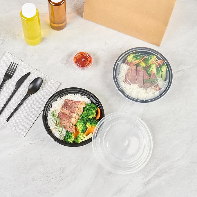 Restaurantware Asporto 24 Ounce To Go Boxes 100 Microwavable Take Out Food Containers - Clear Plastic Lids Included Do Not Contain BPA Black Plastic Catering Food Containers Disposable Round