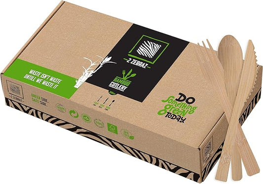 2ZEBRAZ 100% Bamboo Cutlery Set of 300pc - 100 Forks, 100 Knives, 100 Spoons, Smooth Reusable Bamboo Silverware, Compostable and Durable Disposable Utensils, Eco-Friendly Flatware in Premium Box