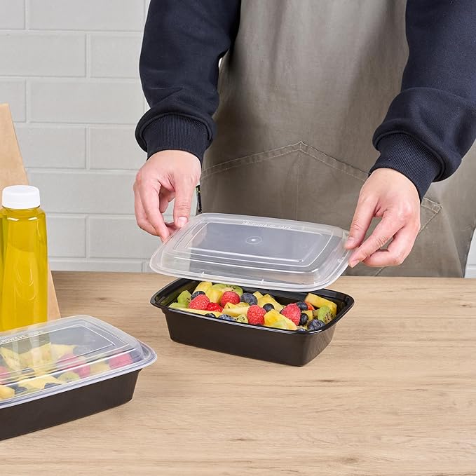 Asporto 38 Ounce Take Out Containers, 100 Food Containers With Lids - Microwavable, Disposable, Black Plastic To Go Food Containers, No BPA, For Take Out And Delivery - Restaurantware
