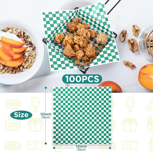 GeeRic Waxed Deli Paper Sheets 12 * 12 Inch, 100 Pcs Food Basket Liners for Sandwiches, Burgers, Checkered Deli Wrap Wax Paper Sheets Green