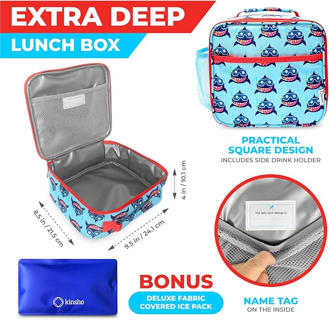 kinsho Bento Lunch Box Insulated Bag, Water Bottle & Ice Pack Set for Kids Toddlers, 4 Portion Sections, Removable Tray, PreSchool Kid Toddler Daycare Lunches, Snack Container, Blue Shark