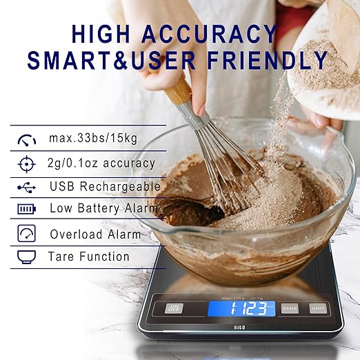 hito Food Scale 33lb Digital Kitchen Scale Rechargeable Waterproof Weight Grams and oz 1g/0.1oz Precise, for Weight Loss, Cooking and Baking, Black