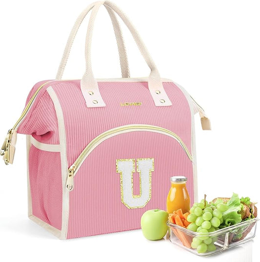 Personalized Initials Lunch Box for Women& Men, Preppy Reusable 10 L Insulated Lunch Bag, Leakproof Large Udults lunch tote Cooler Bags Insulated for Beach,Travel,Work, Picnic-Birthday Gifts（Pink U）