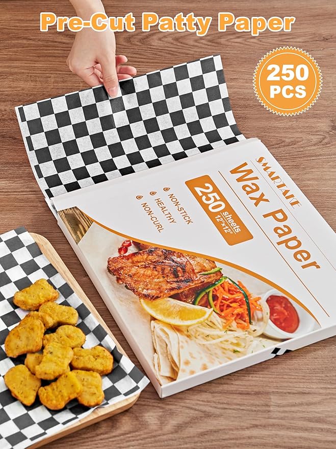 SMARTAKE 12 x 12 Inches Wax Paper for Food, 250 Pcs Non-Stick Hamburger Patty Paper, Square Sandwich Separators Wrapping Paper, for Lunch, Restaurants, Barbecues, Picnics, Parties, Black Plaid