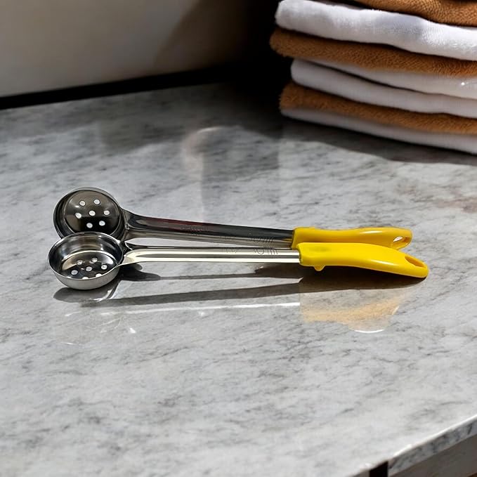 1 Ounce Slotted Stainless Steel Portion Control Ladle Spoon for Measuring and Serving; Commercial Grade Serving Scoops [Pack of 2]