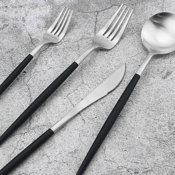 20-Piece 18/10 Stainless Steel Flatware Silverware, Luxury Dinnerware Set Travel Cutlery Tableware Include Knife Fork Spoon Service for 4, Dishwasher Safe (Black Handle Matte Silver)