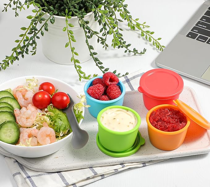 KOLUTI 2.4oz Salad Dressing Container To Go 8 Pack, Nonstick Silicone Condiment Portion Cup with Lid, Small Sauce Storage Box for Lunch Bento, Leak-proof, BPA Free, Dishwasher & Microwave & Oven Safe