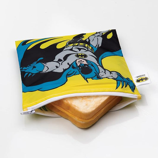Bumkins Reusable Sandwich and Snack Bags, for Kids School Lunch and for Adults Portion, Washable Fabric, Waterproof Cloth Zip Bag, Travel Pouch, Food-Safe, 3-pk Batman DC Comics