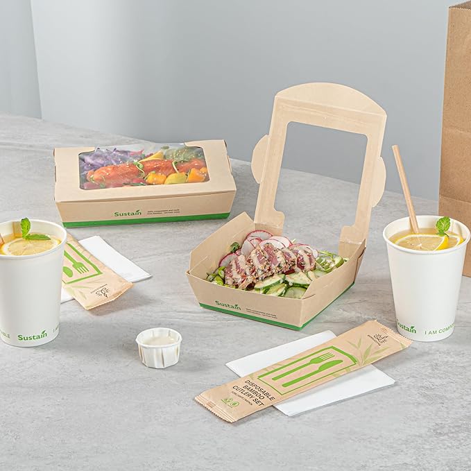 Restaurantware-Sustain 26 Ounce Sturdy Paper Take Out Boxes, 50 Disposable Take Out Food Containers - With PLA lining, Clear PLA Window, Bamboo Paper Containers, Compostable, Tab-Lock Design
