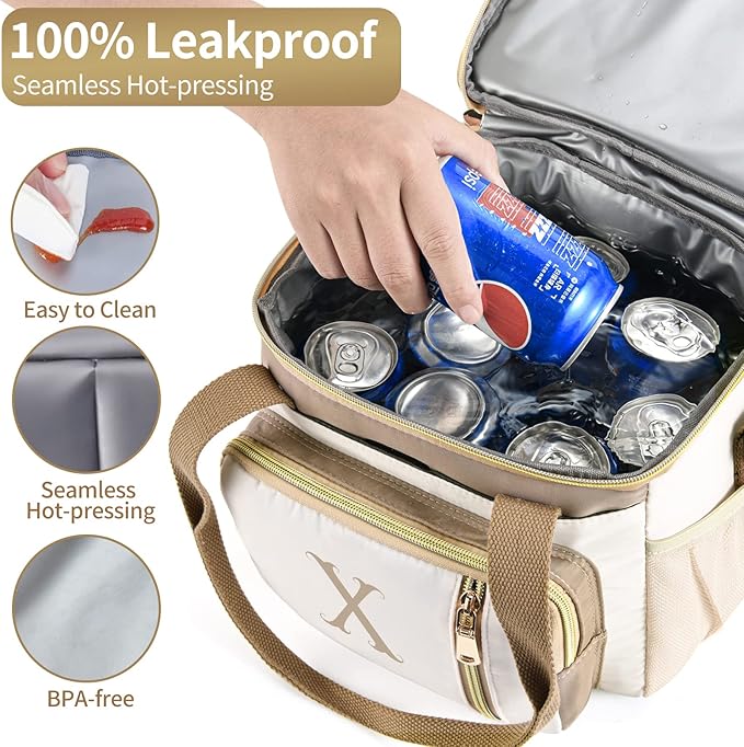 LOKASS Personalized Lunch Bag for Women Work, 16L Initial Insulated Lunch box for Adult/Womens Gift, Leakproof Personalized Gift Lunchbag with Adjustable Shoulder Strap, Cooler Bag Beige - D