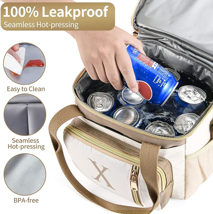 LOKASS Personalized Lunch Bag for Women Work, 16L Initial Insulated Lunch box for Adult/Womens Gift, Leakproof Personalized Gift Lunchbag with Adjustable Shoulder Strap, Cooler Bag Beige - X