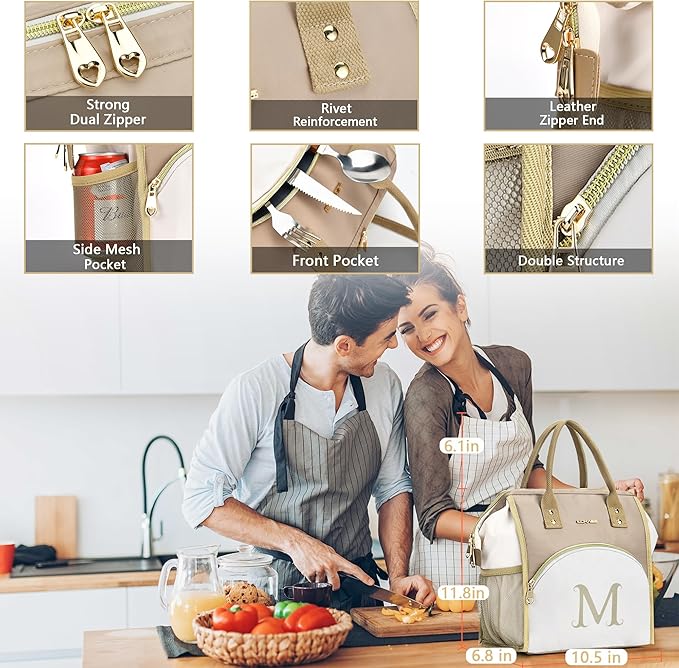 Personalized Lunch Box for Women, Reusable Insulated Lunch Bag, Wide-Open Adult Lunchbox Cooler Lunchbag Snack Organizer, Initial Leakproof Lunch Tote Bag for Picnic Work Outdoors, Q