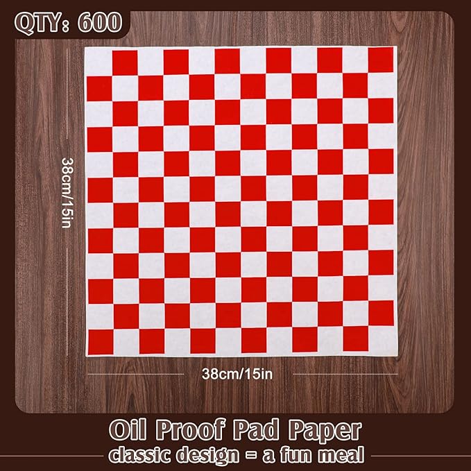 Honeydak 600 Pcs Sandwich Wrapping Paper Sheet 15x15 Checkered Food Wax Sheets Parchment Paper Basket Liner Grease Restaurant Wedding Party Supplies for Wrapping Bread Burgers(Red)