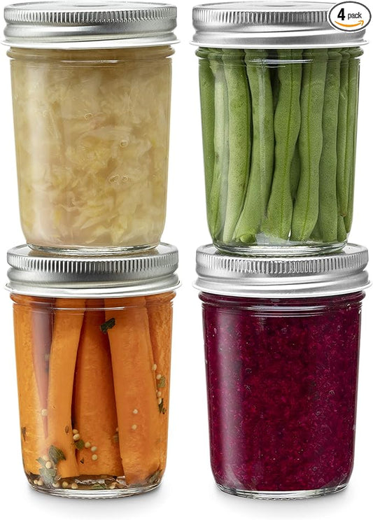 Paksh Novelty Glass Regular Mouth Mason Jars, 8-Ounce with Silver Metal Airtight Lids for Meal Prep, Food Storage, Canning, Drinking, Overnight Oats, Jelly, Dry Food, Spices, Salads, Yogurt (4 Pack)