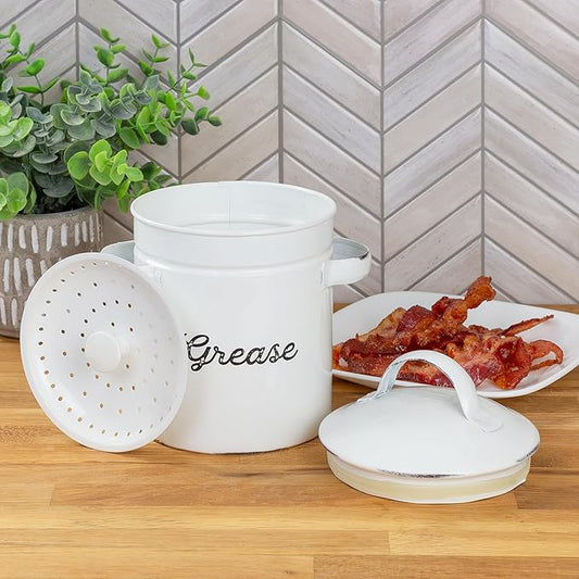 AuldHome Design Enamelware Grease Container w/ Strainer, Farmhouse Style Kitchen StorageTin, Labeled "Grease"