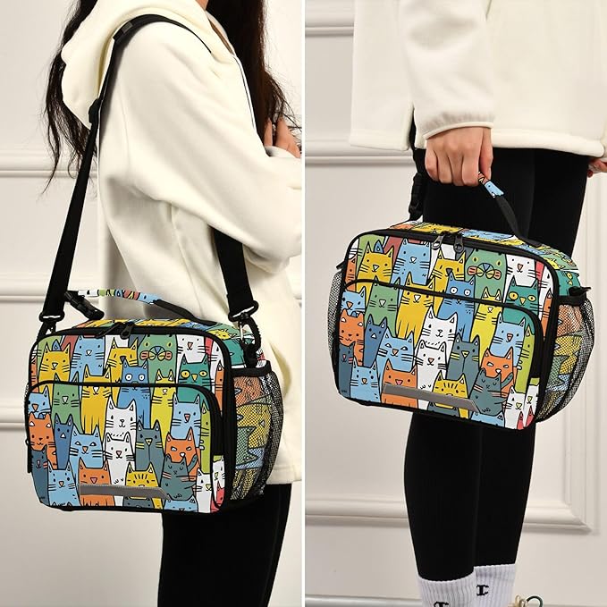 MNSRUU Student Lunch Bag Cute Cat Insulated DinnerTotes Picnic Bag Lunch Box with Adjustable Shoulder Strap for Teen Kids Adults