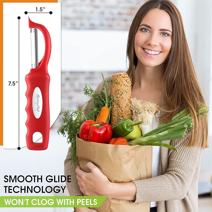 Spring Chef Premium Swivel Vegetable Peeler, Red & Stainless Steel Magnetic Measuring Cups, Set of 7, Black - 2 Product Bundle