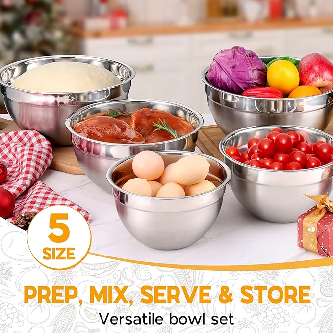 Mixing Bowl Set of 5 for Kitchen Stainless Steel Metal Nesting Mixing Bowls with Khaki Lids – Size 1.5, 2, 2.6, 3.5, 4.6QT