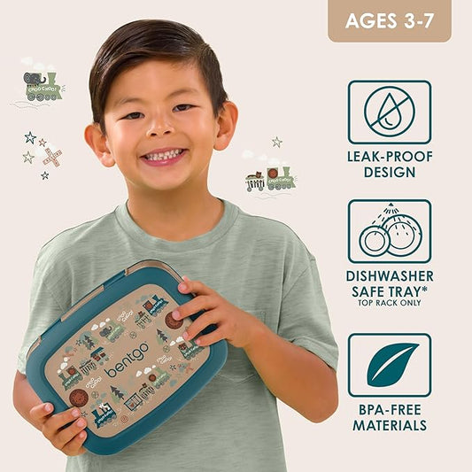 Bentgo Kids Prints Leak-Proof, 5-Compartment Bento-Style Kids Lunch Box - Ideal Portion Sizes for Ages 3-7, Durable, Drop-Proof, Dishwasher Safe, & Made with BPA-Free Materials (Trains)