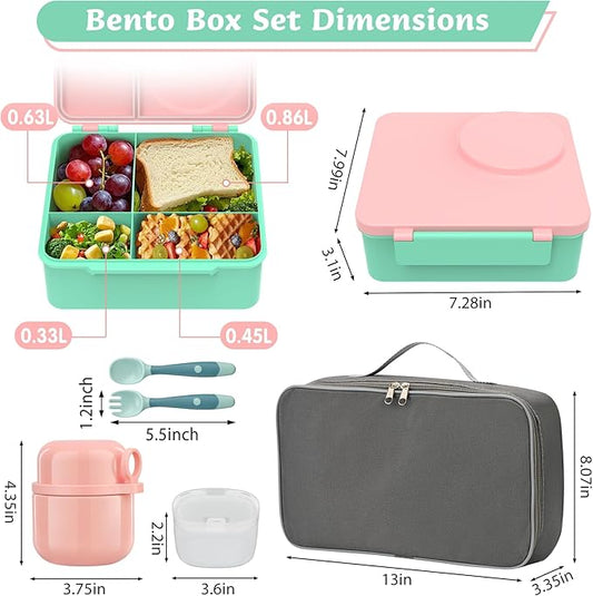 Bento Lunch Box for Kids with 12oz Soup Thermo, Leak-Proof Lunch Containers with 5 Compartments, Insulated Lunch Bag, Thermo Hot Food Jar with Spoon for Kids to School, Travel, Pink