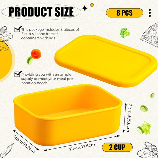 Nuogo 8 Pcs 2 Cup Silicone Freezer Trays with Lid Silicone Soup Freezer Molds Rectangle Soup Containers Reusable Food Preserving Tray Freezing Ice Trays for Soups Sauces Stews(Yellow)