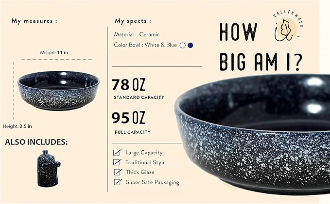 Extra Large Salad Serving Bowl, 11 inch. Big Ceramic Navy Dark Blue Pasta bowl Plus Oil Bottle. 95 oz. Beautiful And Elegant Huge Design. Giant Mixing and Fruit Bowls