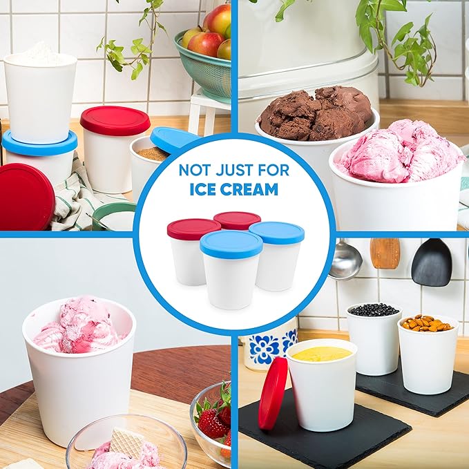 LIN Ice Cream Containers 4-Pack - 1Quart Reusable Round Storage Tubs for Homemade Ice Cream & Frozen Treats, Silicone Lids - Non-BPA Plastic - Dishwasher-Safe - No Freezer Burn