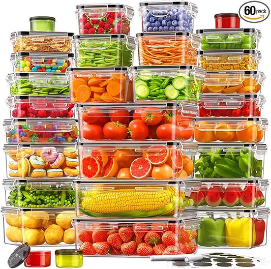 60 Pcs Large Food Storage Containers with Lids Airtight, Total 736.8OZ Stackable Kitchen Organization Set, BPA-Free Plastic Meal Prep Container with Labels & Marker Pen