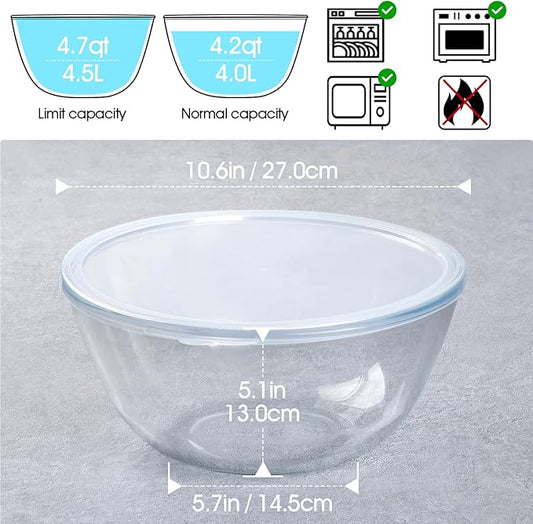 NUTRIUPS 4.7 Quart Large Glass Mixing Bowl with Lid, Deep Big Glass Bowl Large Glas Salad Bowl