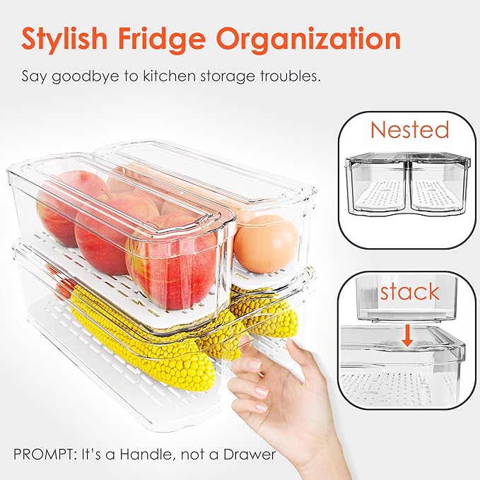 Fridge Organizers and Storage, 6 Pack Clear Freezer Organizer Bins with Lids for Kitchen, Pantry, Refrigerator, Food, Fruit, Vegetable Storage