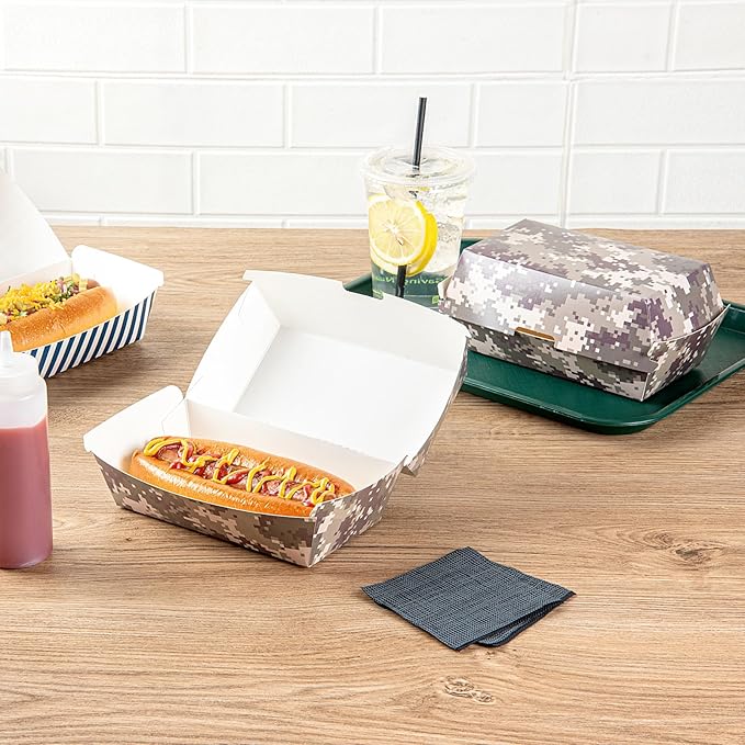 Restaurantware Bio Tek 6.7 x 3.5 x 3.5 Inch Clamshell Food Containers 100 Disposable Sandwich Containers - Hinged Lid Tab-Lock Closure Camouflage Paper Hot Dog Containers Durable Greaseproof