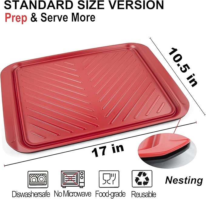 Large Grilling Prep and Serve Trays, 17" x 10.5" x 1.2" BBQ Platters for Raw and Cooked Food, Melamine Serving Trays for Food, Set of 2, Black and Red, Cleaning Pack Included