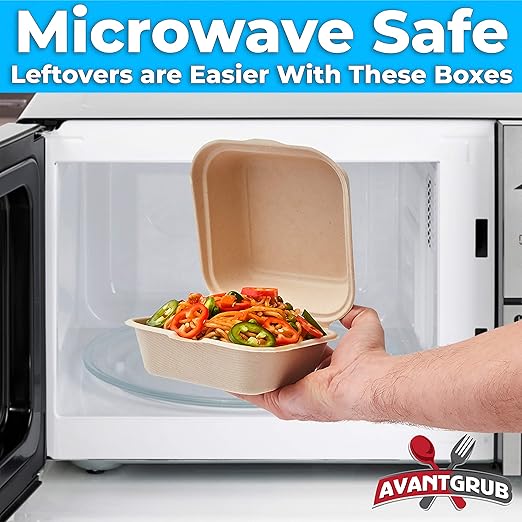 Avant Grub Durable, Grease-Proof 6x6 Clamshell Small To Go Box 50pk. Disposable, Leak-Proof and Microwavable Take Out Food Container With Hinged Lid. Great for Parties, Restaurants and Food Trucks!