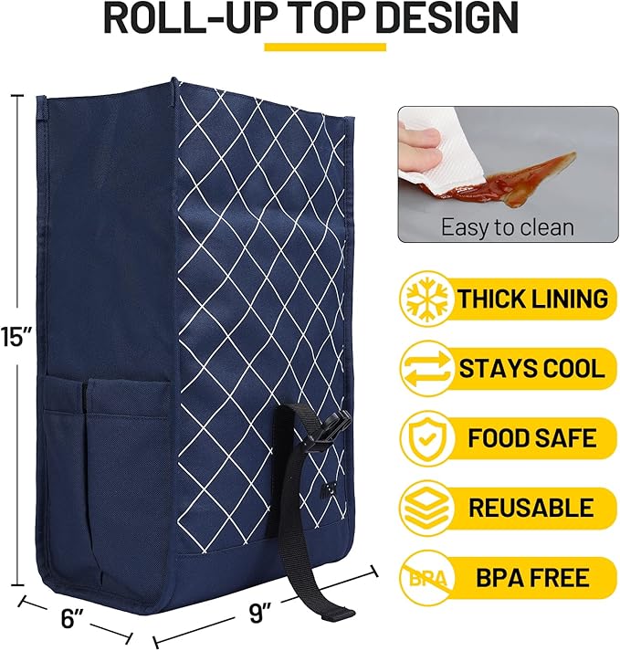 MIER Insulated Lunch Bag Roll Top Lunchbox for Women Men Adults Foldable Rolltop Lunch Tote with Shoulder Strap for Work Office Picnic, Water Bottle Holder, Blue