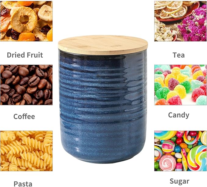 Hasense 80oz Ceramic Food Storage Jar with Airtight Bamboo Lid – 7.5 Inch Large Kitchen Canister for Coffee, Sugar, Flour, Tea, Snacks – Wide Mouth Blue Container for Pantry Organization